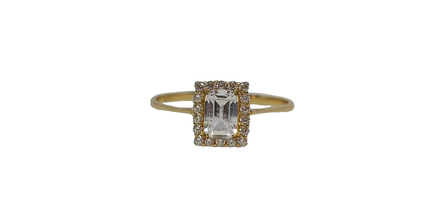 9ct Yellow gold square cut with halo cubic zirconia plain thin shank ring