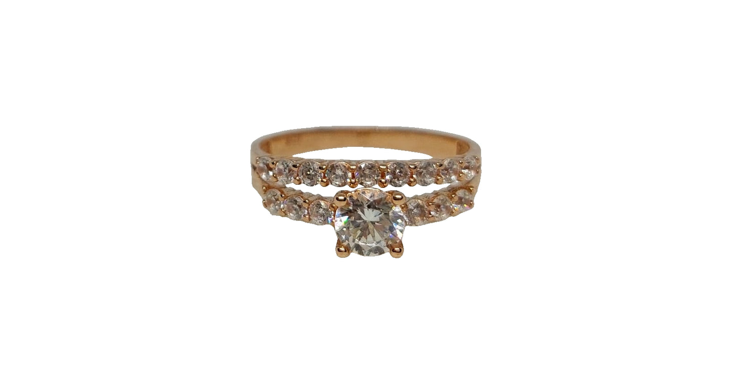9ct Rose gold round 4 claw cubic zirconia double shank design ring