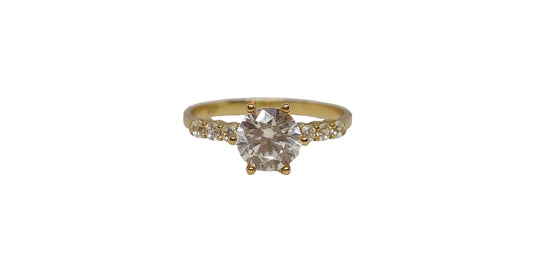 9ct Yellow gold 6 claw round cubic zirconia with 6 smaller cubic zirconia on shank ring