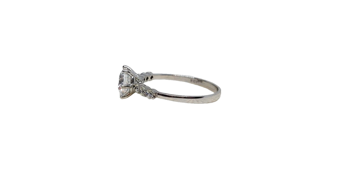 9ct White gold 6 claw round cubic zirconia with 6 smaller cubic zirconia on shank ring