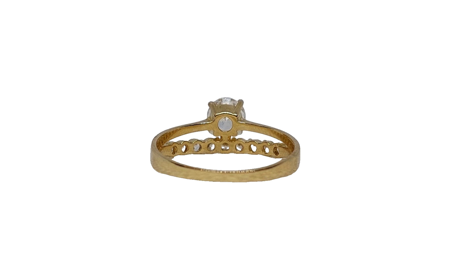 9ct Yellow gold round 4 claw split shank plain and cubic zirconia shank ring