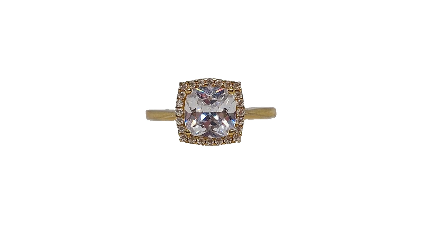 9ct Yellow gold square cubic zirconia with halo and tapered plain shank ring