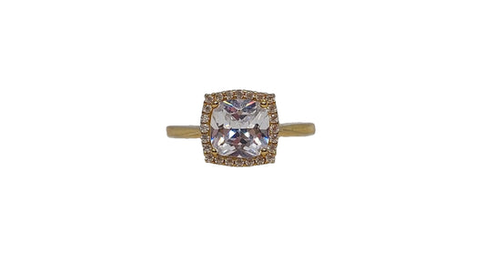 9ct Yellow gold square cubic zirconia with halo and tapered plain shank ring