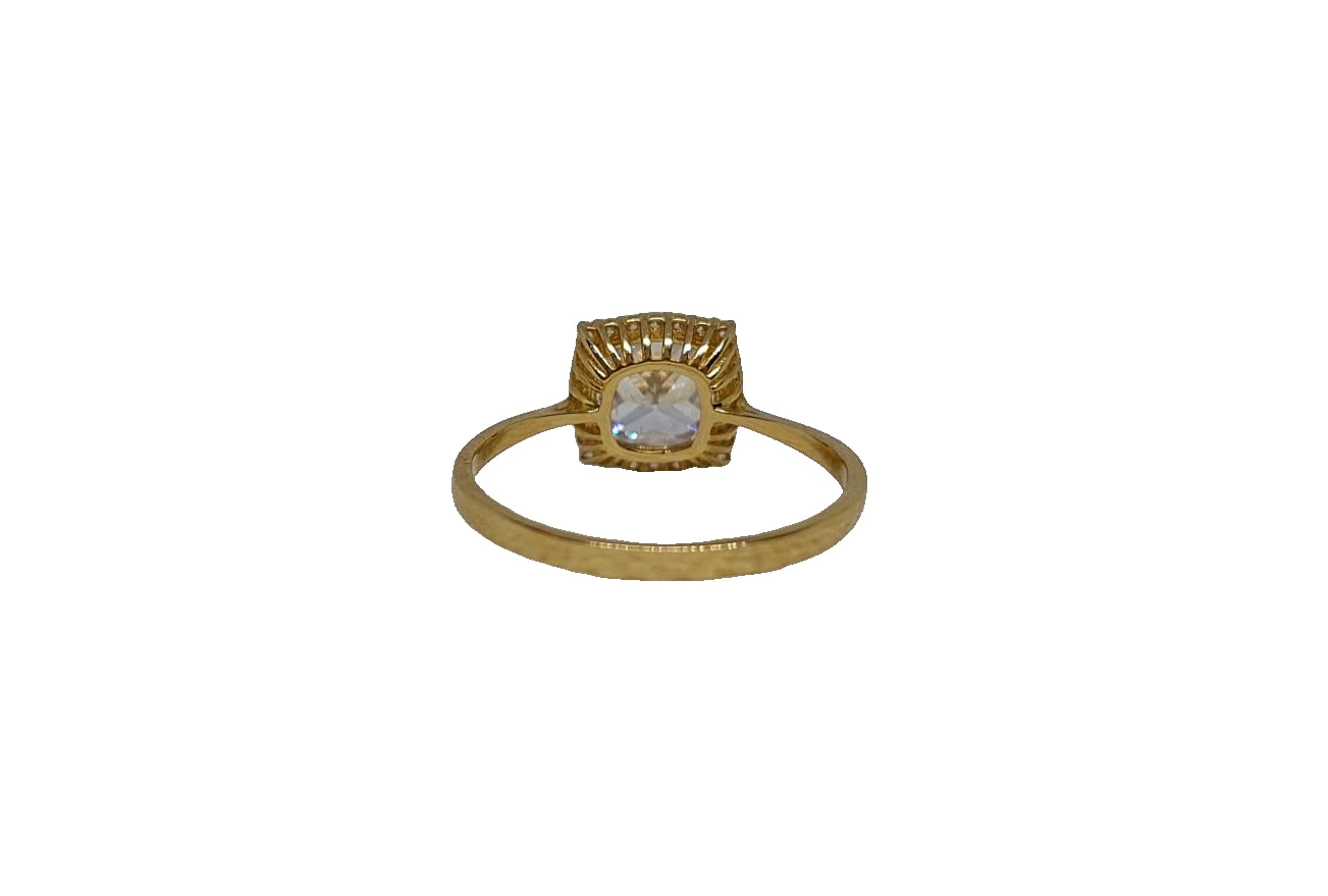 9ct Yellow gold square cubic zirconia with halo and tapered plain shank ring