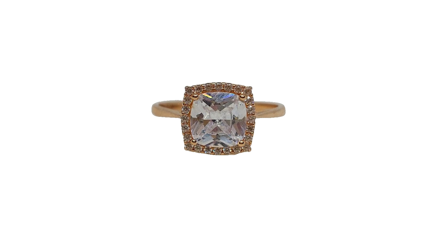 9ct Rose gold square cubic zirconia with halo and tapered plain shank ring
