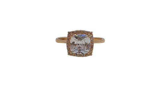 9ct Rose gold square cubic zirconia with halo and tapered plain shank ring