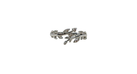9ct White gold cubic zirconia leaf design band ring