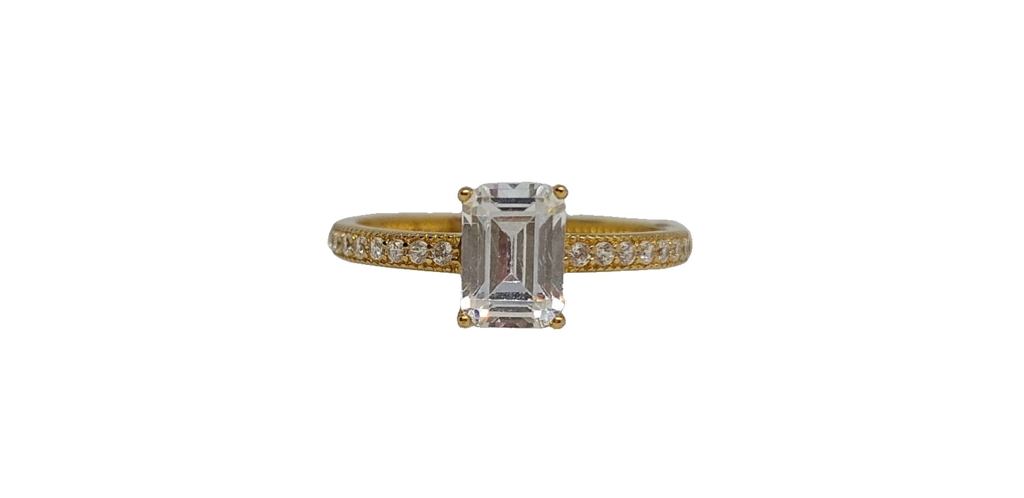 9ct Yellow gold Emerald cut cubic zirconia pave setting on shank ring