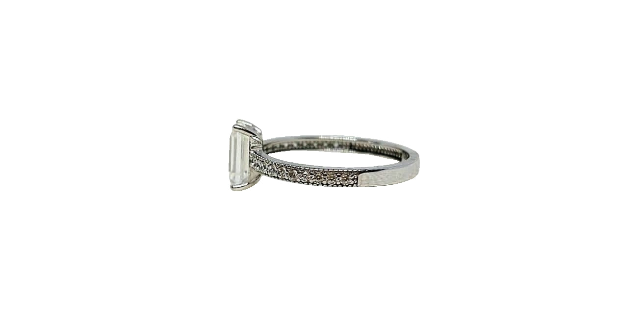 9ct White gold Emerald cut cubic zirconia with pave cubic zirconia setting on shank ring