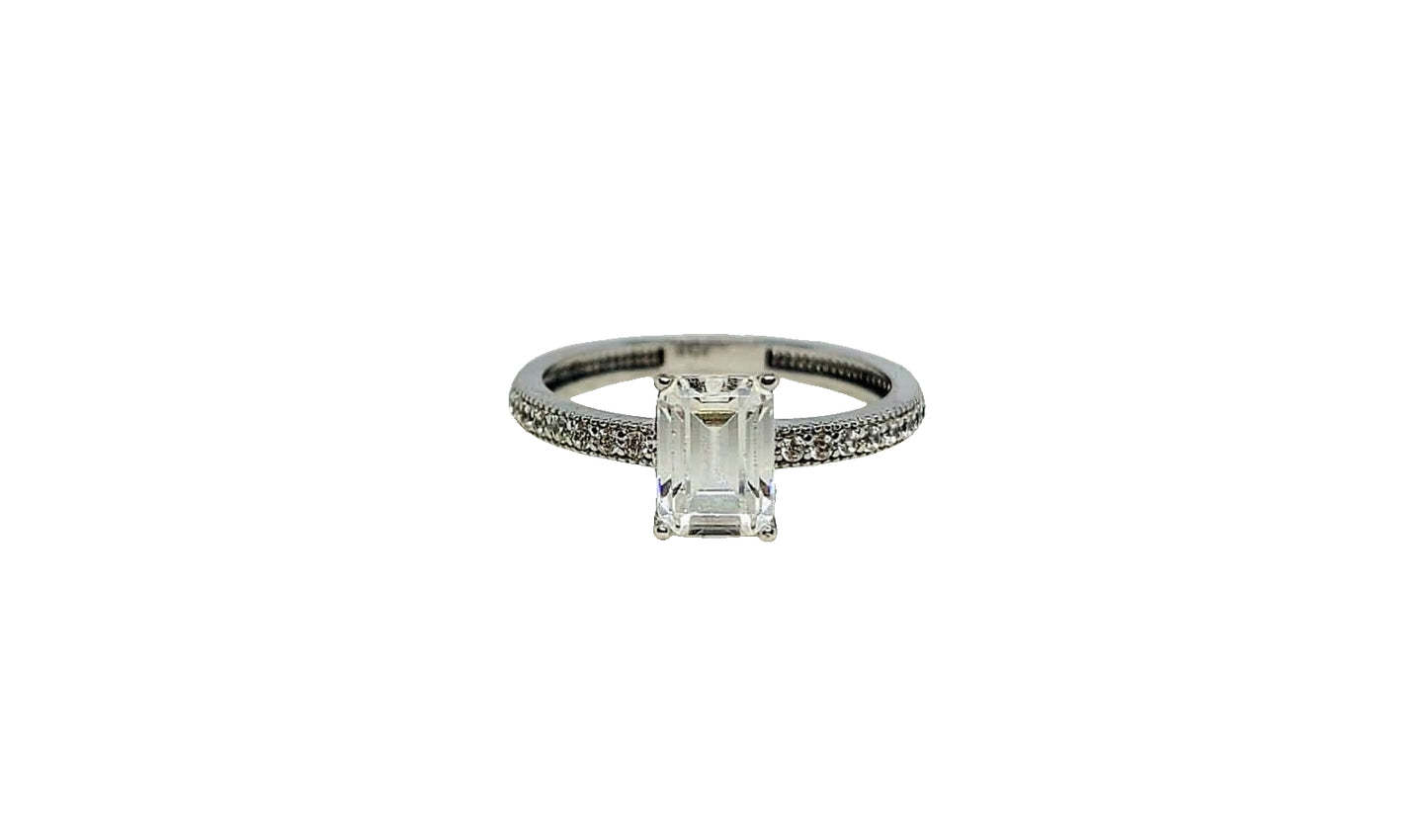 9ct White gold Emerald cut cubic zirconia with pave cubic zirconia setting on shank ring