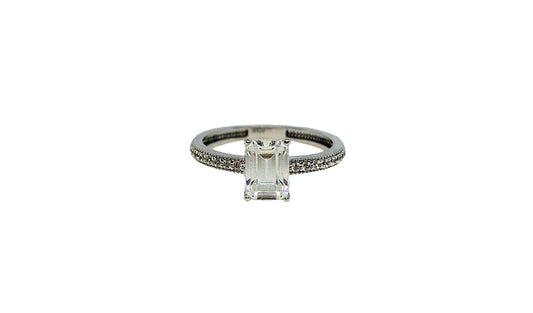 9ct White gold Emerald cut cubic zirconia with pave cubic zirconia setting on shank ring
