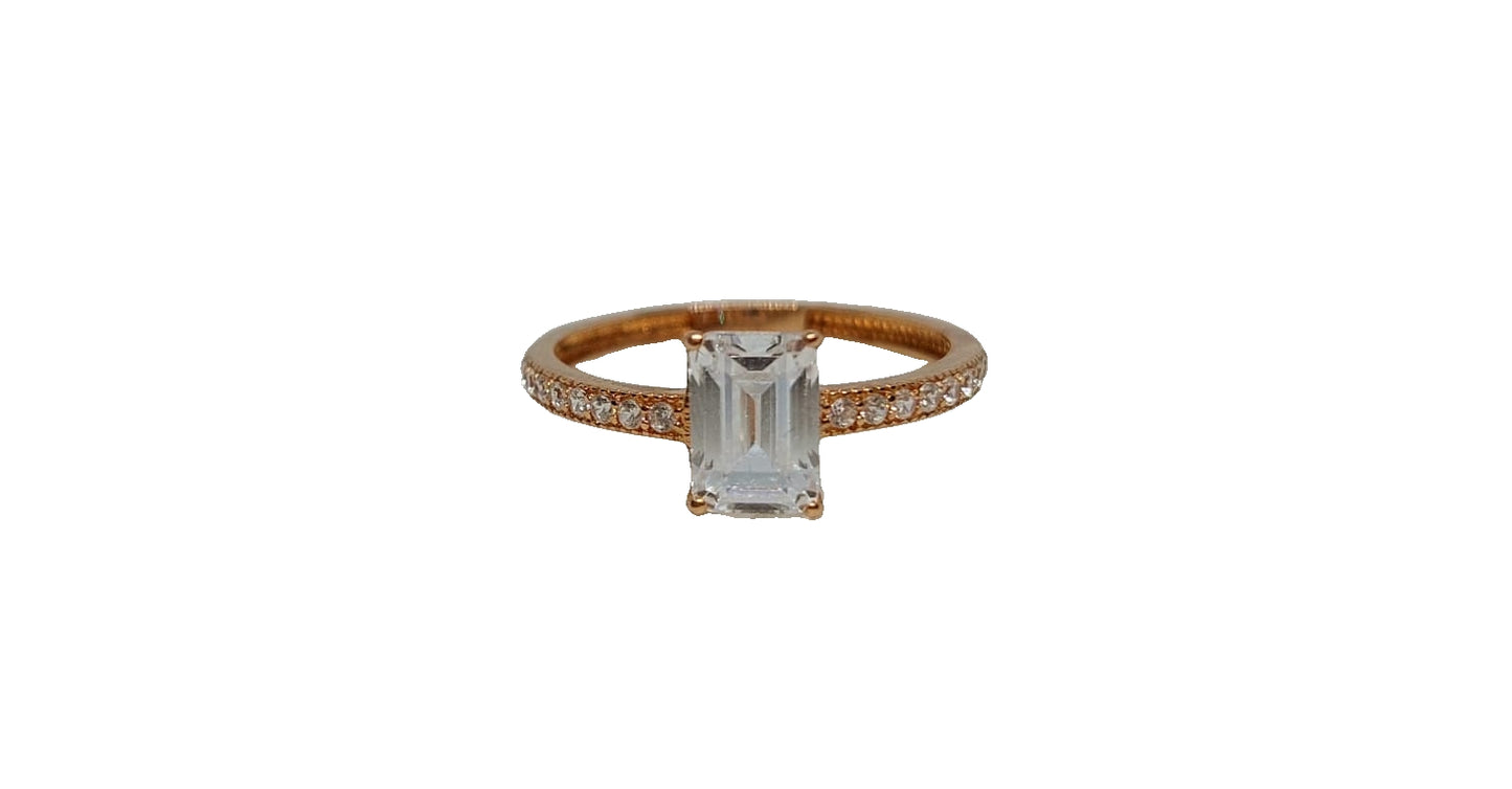 9ct Rose gold Emerald cut cubic zirconia with pave cubic zirconia setting on shank ring