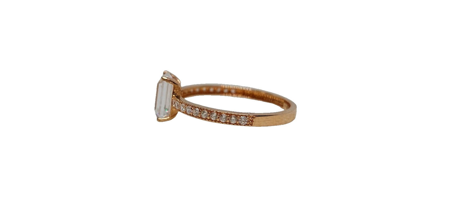 9ct Rose gold Emerald cut cubic zirconia with pave cubic zirconia setting on shank ring