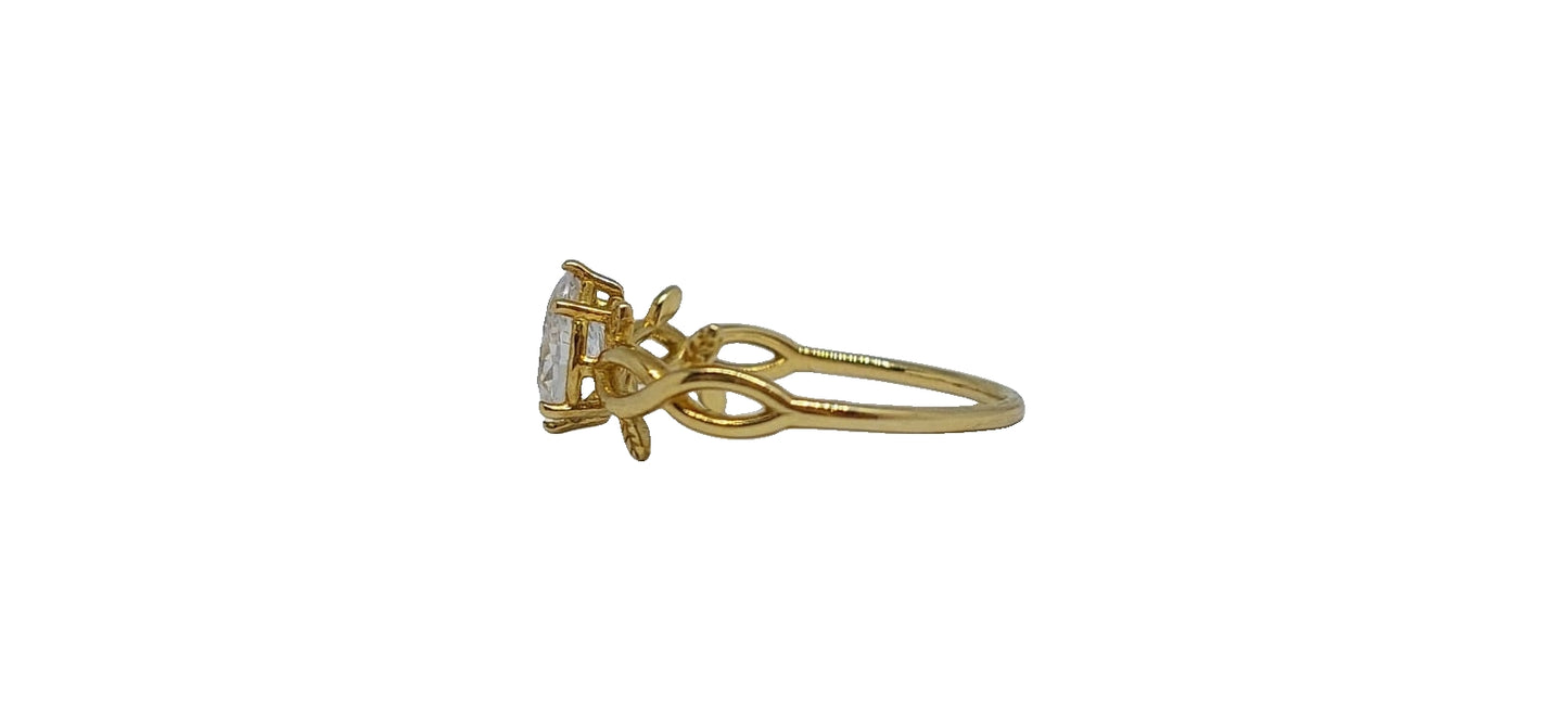 9ct Yellow gold pear shape cubic zirconia plain leaf design shank ring