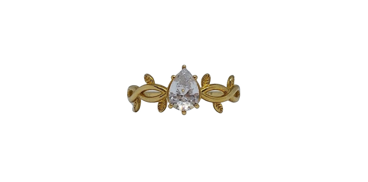 9ct Yellow gold pear shape cubic zirconia plain leaf design shank ring