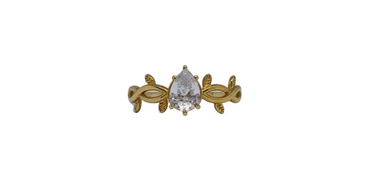 9ct Yellow gold pear shape cubic zirconia plain leaf design shank ring