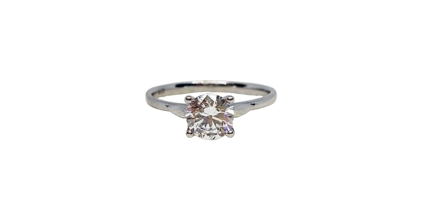 9ct White gold solitaire cubic zirconia 4 claw with two plain leaf design on slim shank ring