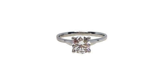 9ct White gold solitaire cubic zirconia 4 claw with two plain leaf design on slim shank ring