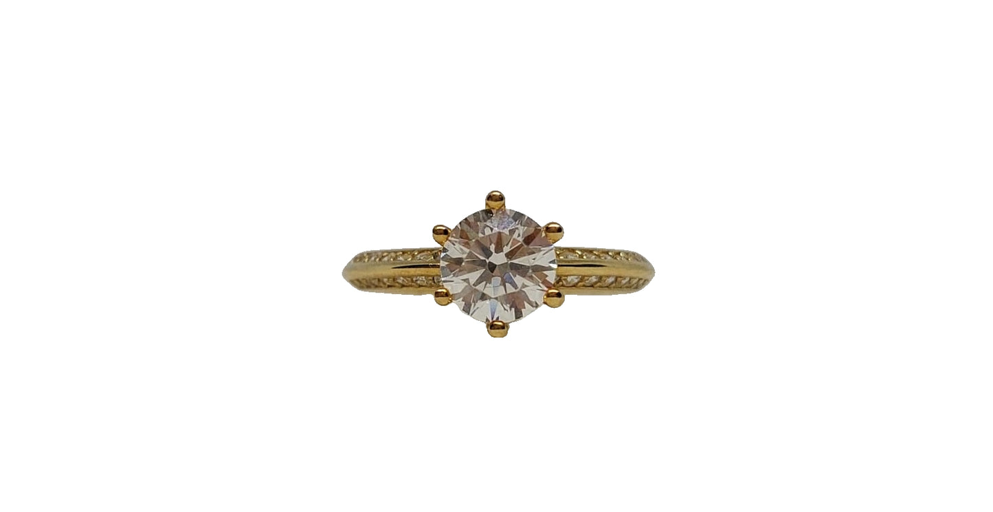 9ct Yellow gold round 6 claw cubic zirconia double row channel setting on shank ring