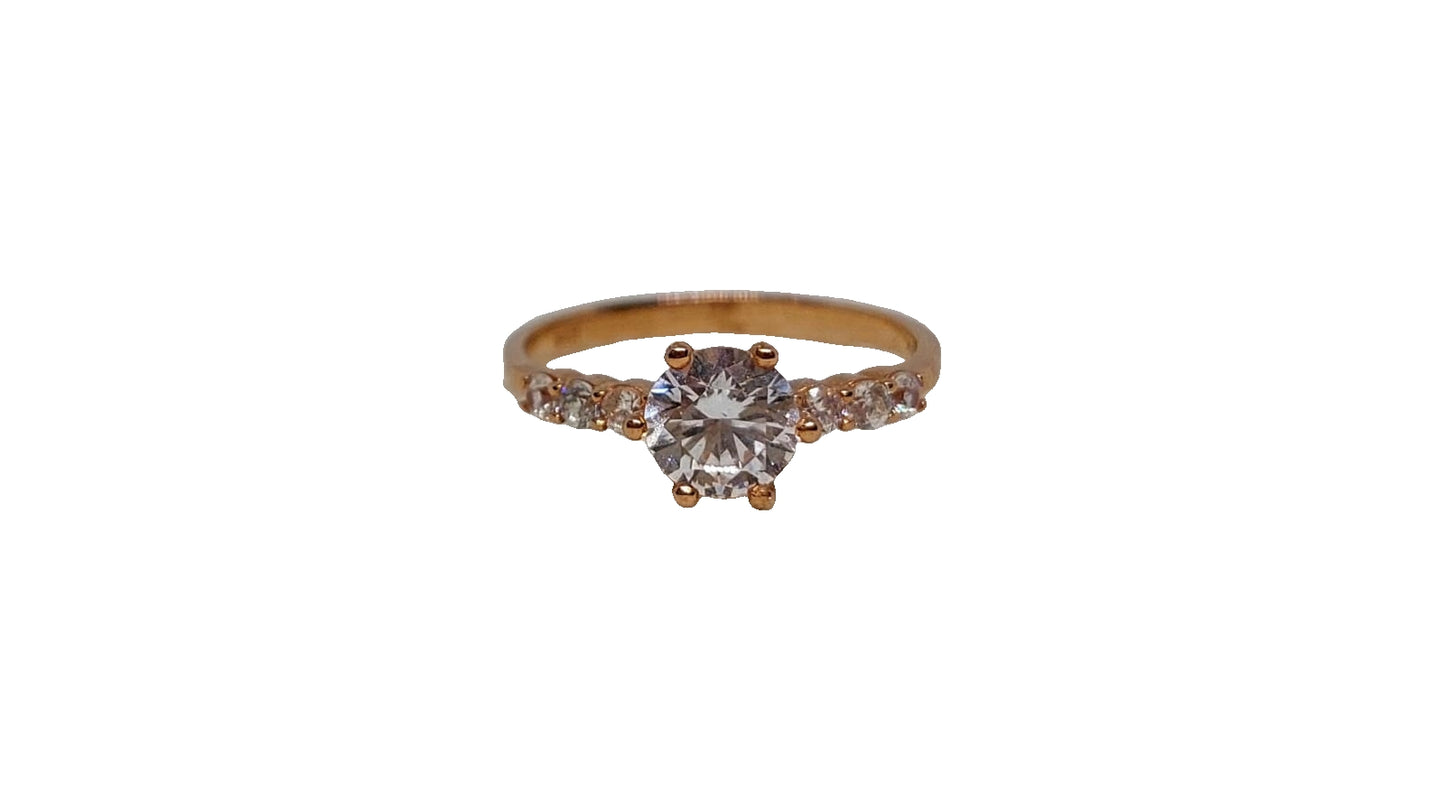 9ct Rose gold 6 claw round cubic zirconia with 6 smaller cubic zirconia on shank ring