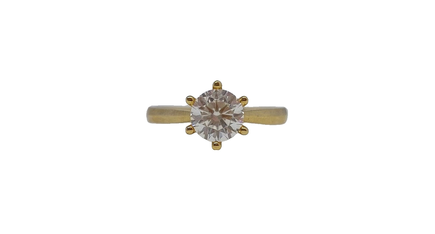 9ct Yellow gold round 6 claw cubic zirconia solitaire plain tapered shank ring