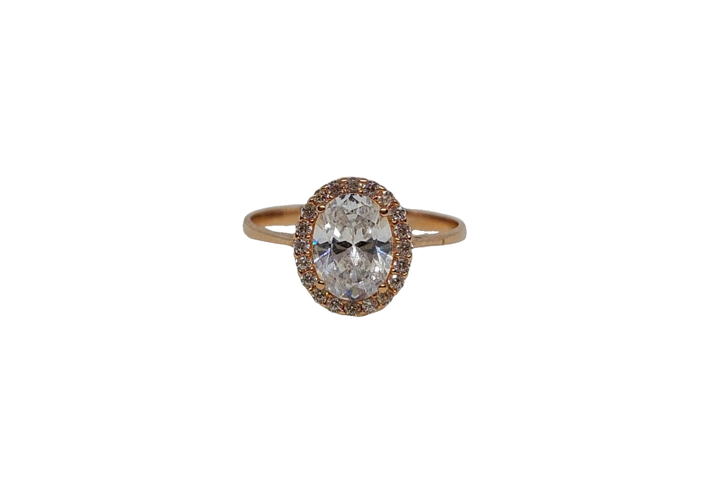 9ct Rose gold oval with halo cubic zirconia and plain shank ring