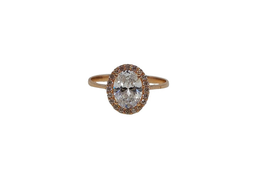 9ct Rose gold oval with halo cubic zirconia and plain shank ring