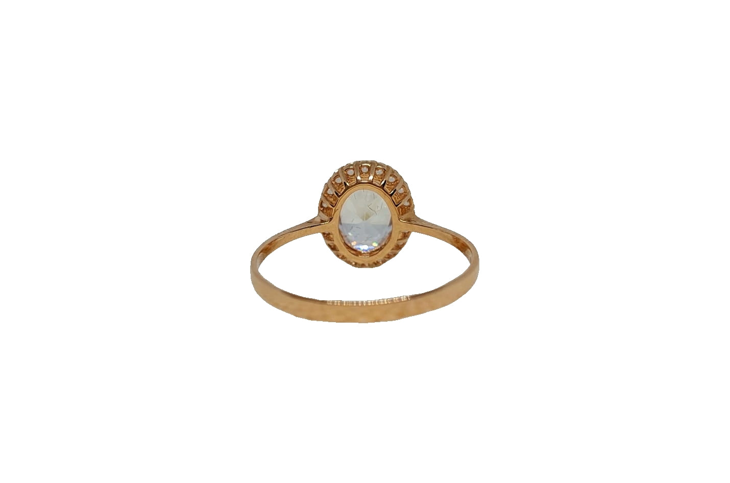 9ct Rose gold oval with halo cubic zirconia and plain shank ring