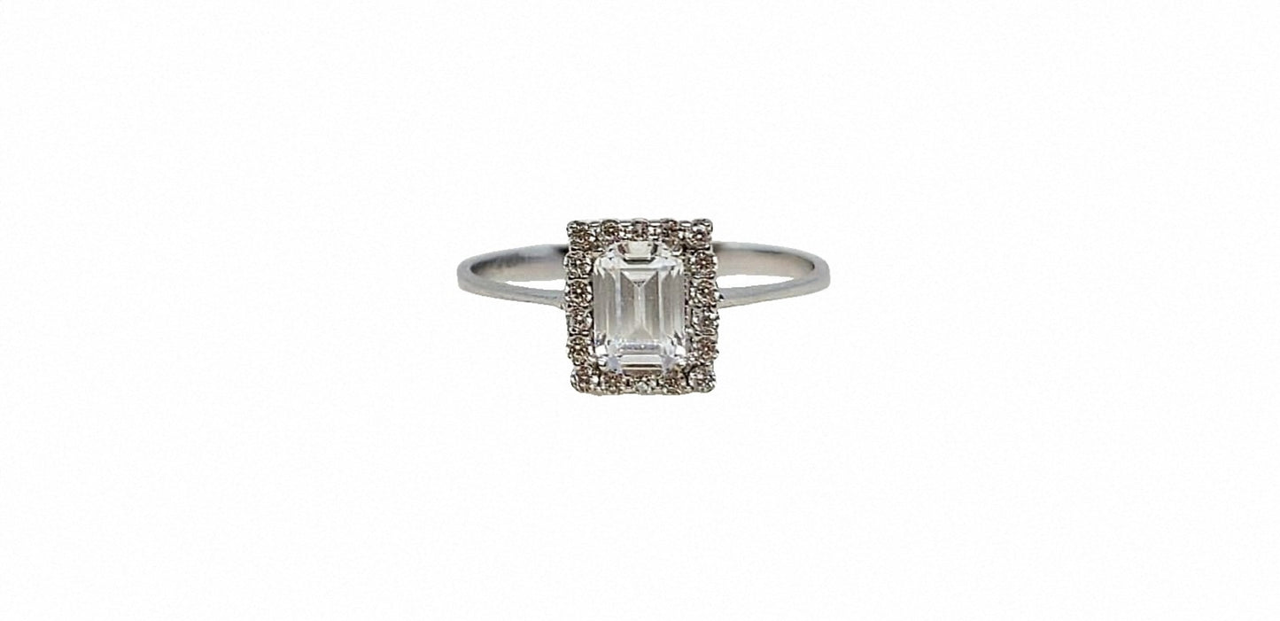 9ct White gold cubic zirconia emerald cut with halo slim shank ring