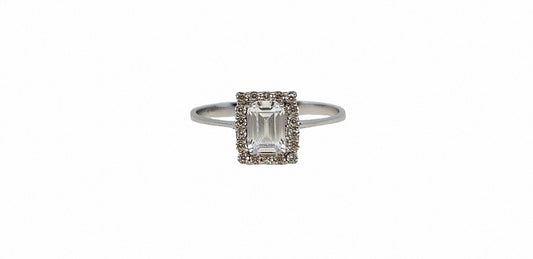 9ct White gold cubic zirconia emerald cut with halo slim shank ring