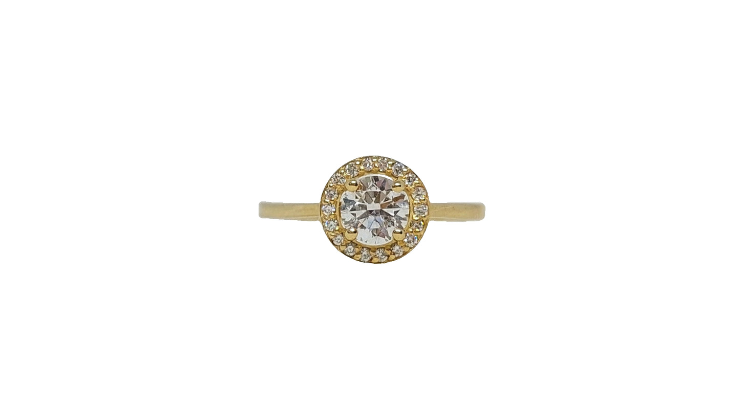 9ct Yellow gold round lab diamond halo tapered plain shank ring