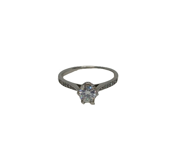 Sterling silver 18ct rhodium plated 6 claw moissanite with cubic zirconia channel set shank ring