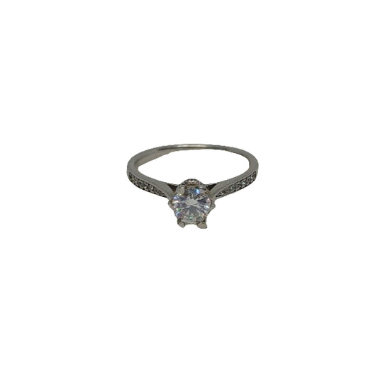 Sterling silver 18ct rhodium plated 6 claw moissanite with cubic zirconia channel set shank ring