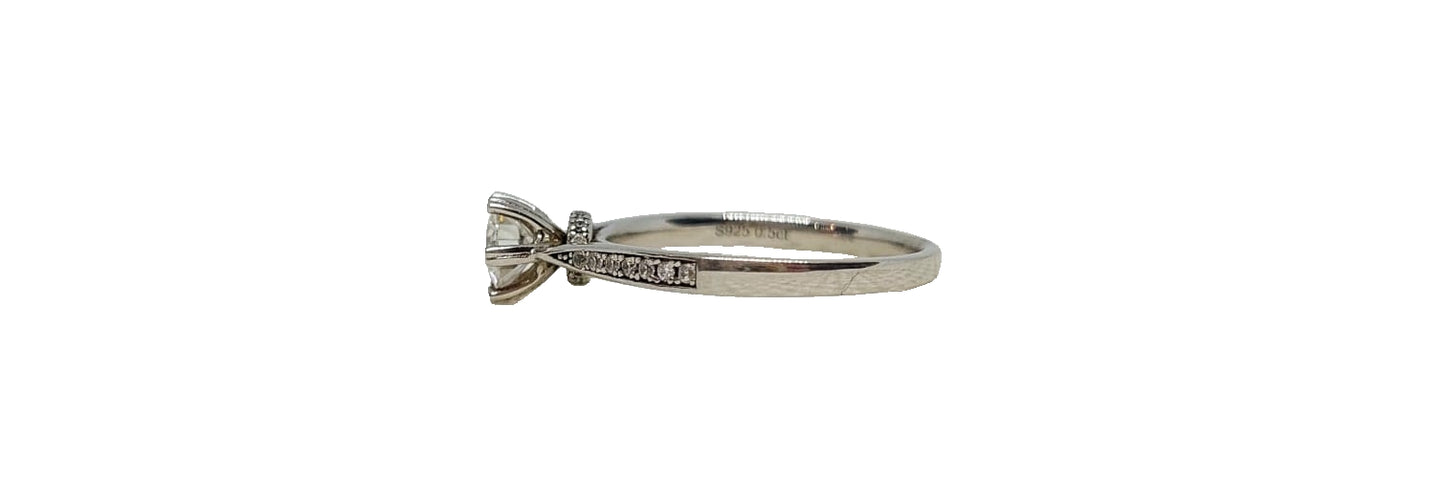 Sterling silver 18ct rhodium plating 6 claw round moissanite cubic zirconia channel setting tapered shank ring