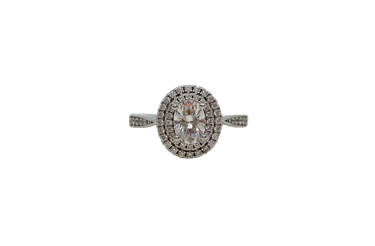 Sterling silver 18ct rhodium plating oval cut moissanite double halo cubic zirconia channel tapered shank ring