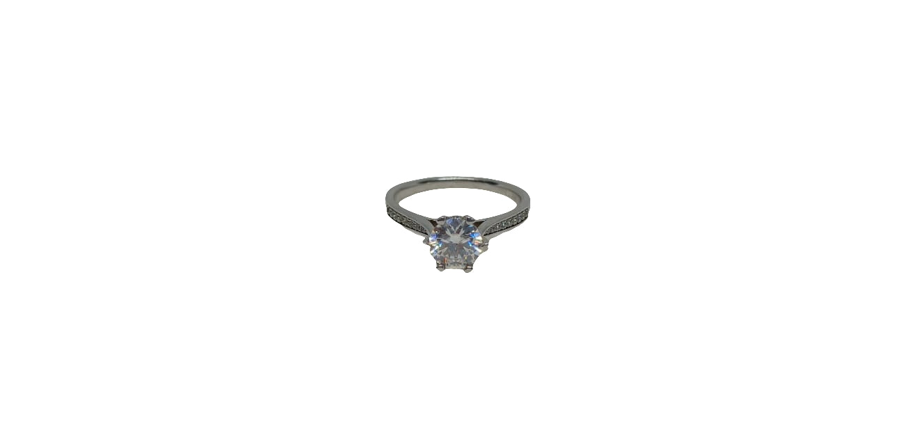 Sterling silver 18ct rhodium plated 6 claw moissanite with cubic zirconia tapered channel set shank ring
