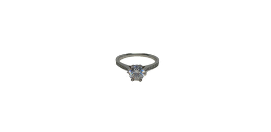 Sterling silver 18ct rhodium plated 6 claw moissanite with cubic zirconia tapered channel set shank ring