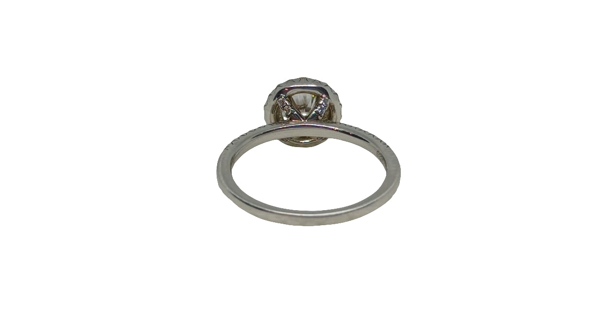 Sterling silver 18ct rhodium plated with a raised gallery moissanite and cubic zirconia halo and cubic zirconia shank ring