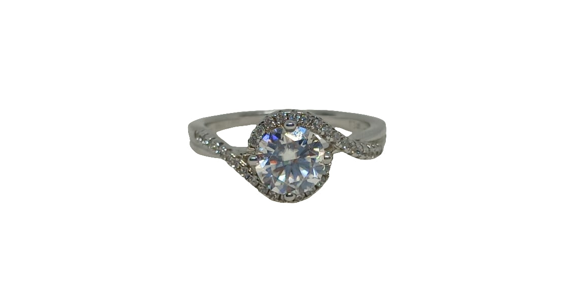 Sterling silver 18ct rhodium plated round moissanite with cubic zirconia twist band ring