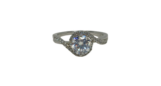 Sterling silver 18ct rhodium plated round moissanite with cubic zirconia twist band ring