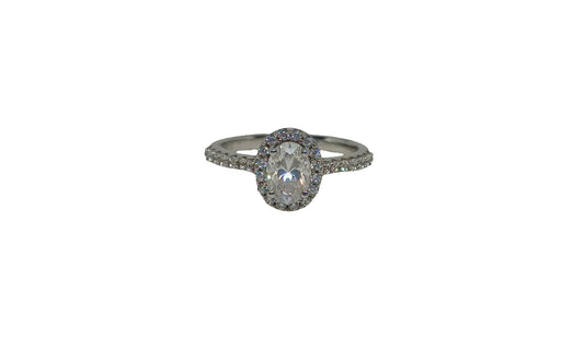 Sterling silver 18ct rhodium plated oval moissanite with cubic zirconia halo and cubic zirconia shank ring