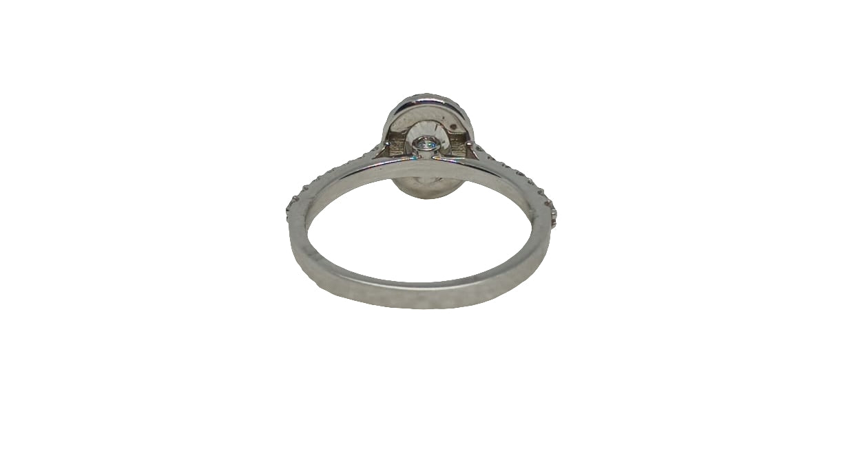 Sterling silver 18ct rhodium plated oval moissanite with cubic zirconia halo and cubic zirconia shank ring