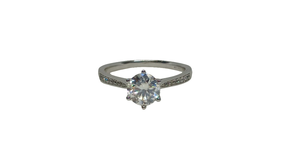 Sterling silver 18ct rhodium plated moissanite with cubic zirconia channel set shank ring