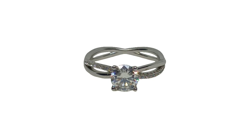 Sterling silver 18ct rhodium plated moissanite with cubic zirconia and plain crossover shank ring