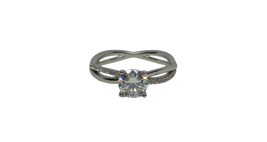 Sterling silver 18ct rhodium plated moissanite with cubic zirconia and plain crossover shank ring