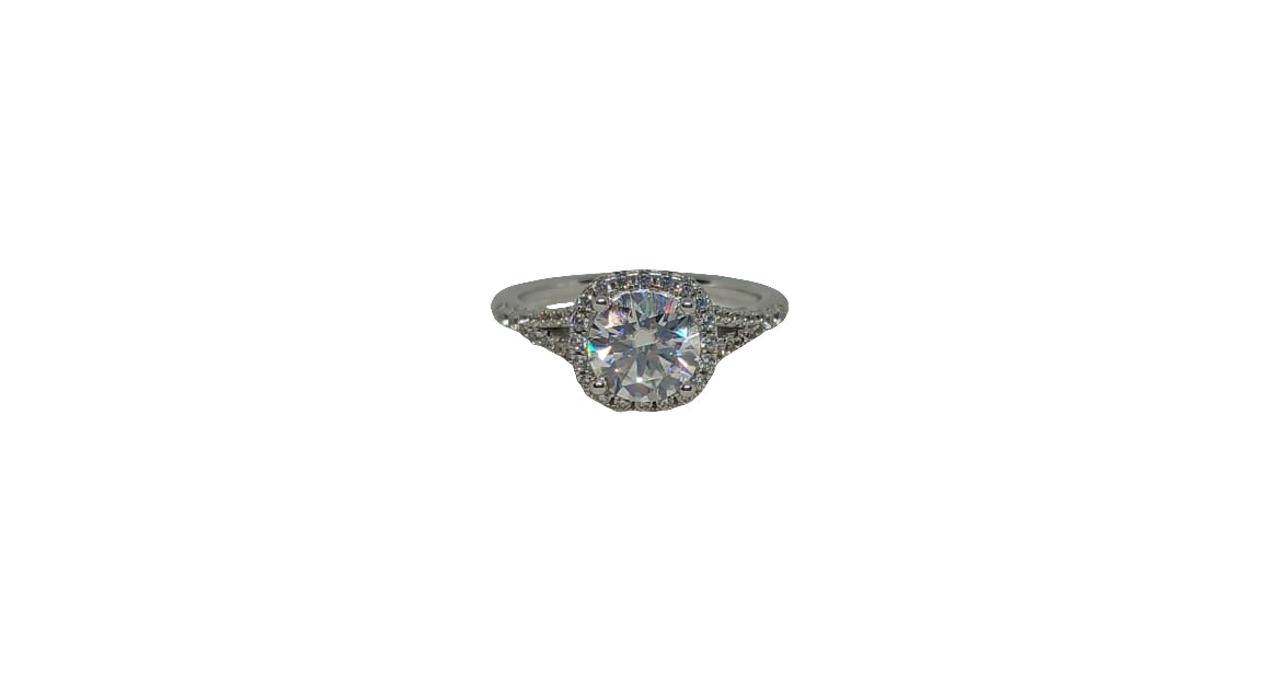Sterling silver 18ct rhodium plated moissanite with square cubic zirconia halo split shank ring