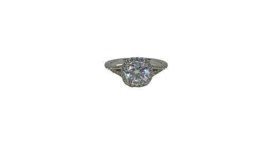 Sterling silver 18ct rhodium plated moissanite with square cubic zirconia halo split shank ring