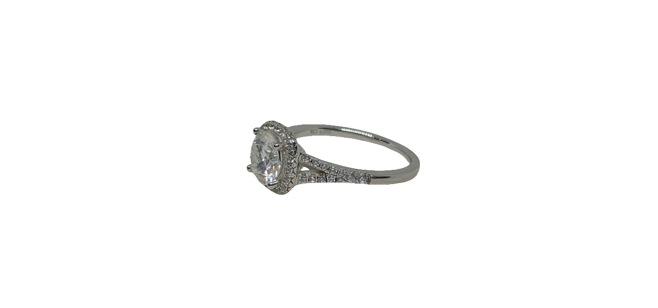Sterling silver 18ct rhodium plated moissanite with square cubic zirconia halo split shank ring