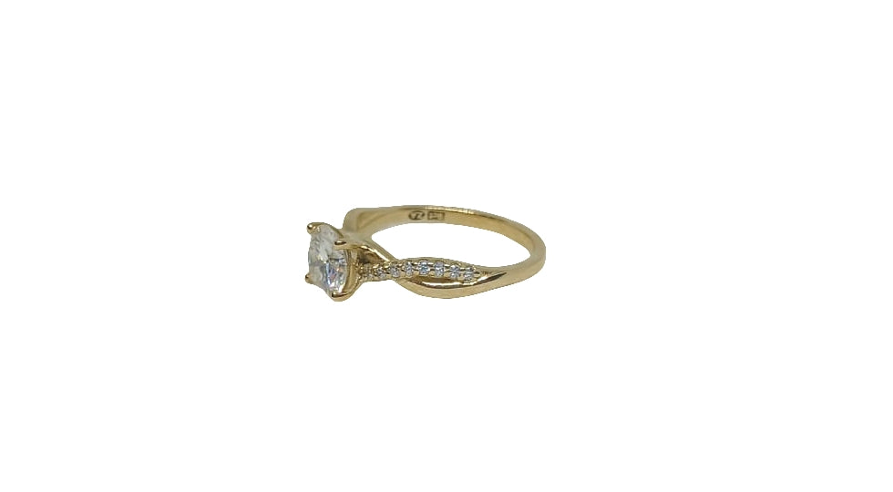 9ct Yellow gold round moissanite with moissanite on twisted shank ring