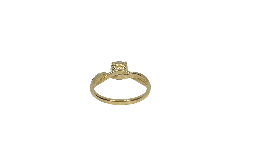 9ct Yellow gold round moissanite with moissanite on twisted shank ring